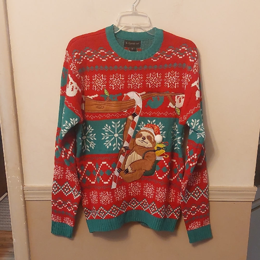 Blizzard Bay Sloth Hanging On A Candy Cane Cute Christmas Sweater Sz M